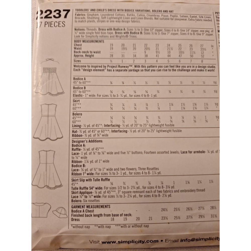 Simplicity Runway#2237Girls Variety SunDresses,Hat Bolero Sz 4-8 Apparel Sewing - Picture 2 of 2
